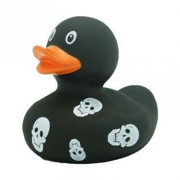 Black rubber duck with skulls